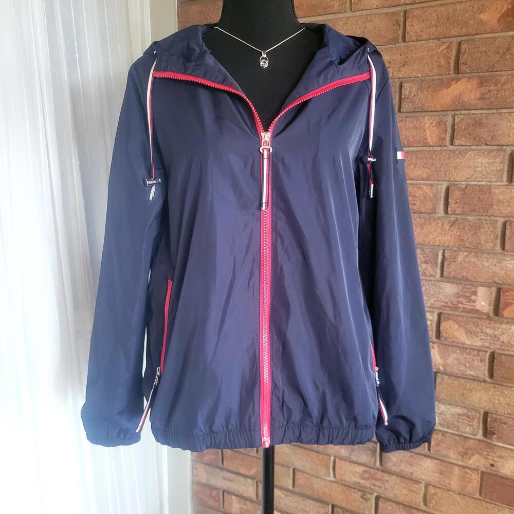 NWOT Tommy Hilfiger Ladies' Windbreaker Jacket Blue/Red Hooded - Size S